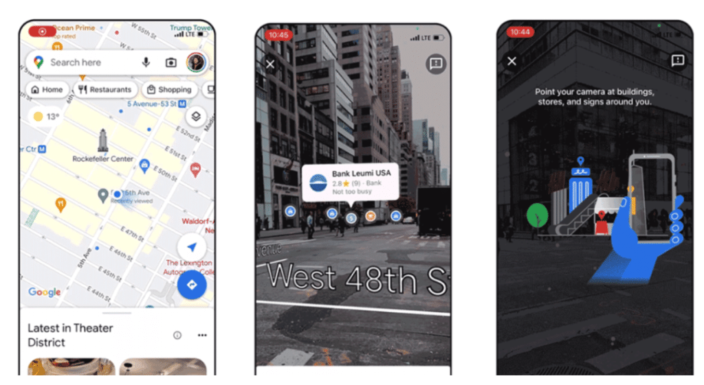Google Maps et vue AR affichant repères en ville