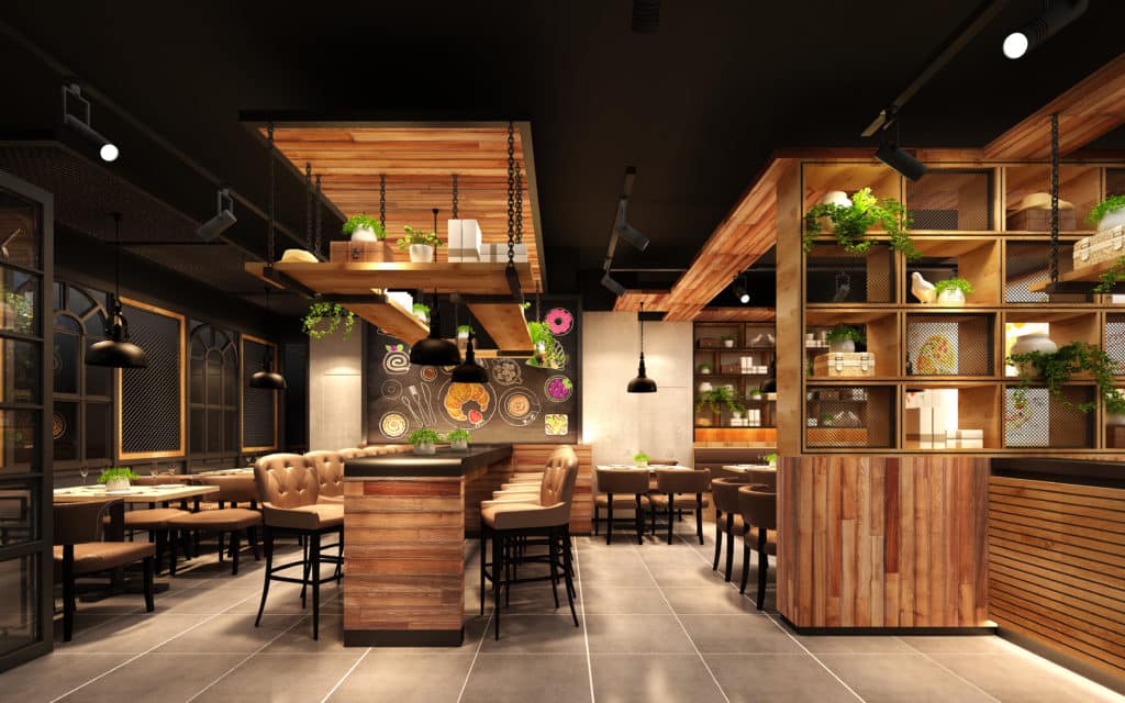 Intérieur de restaurant moderne en bois avec plantes