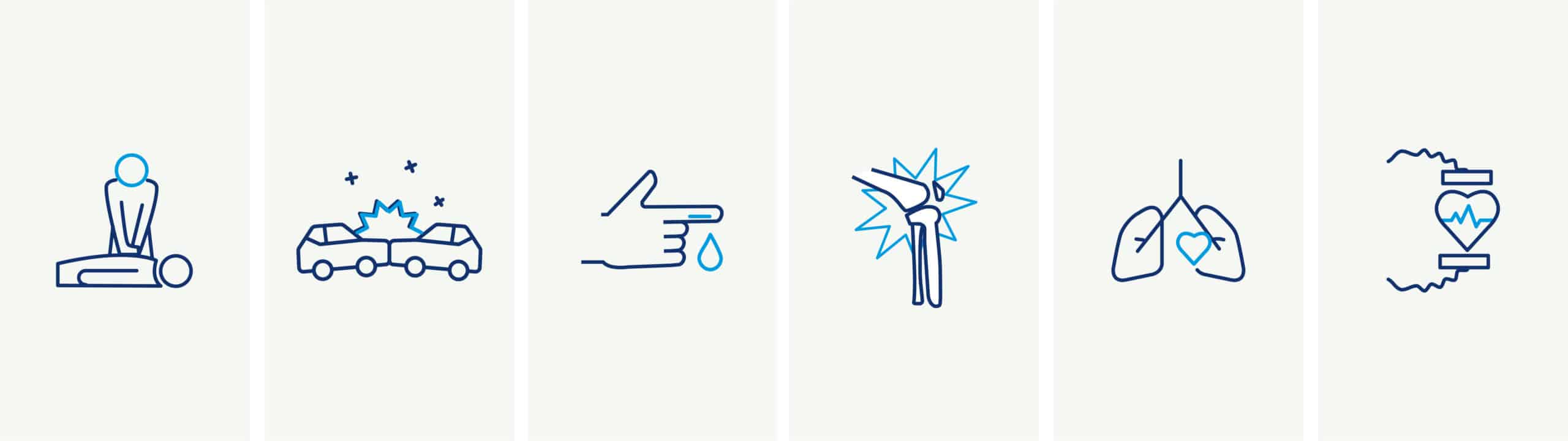 Série de six pictogrammes illustrant des urgences médicales et les gestes de premiers secours.