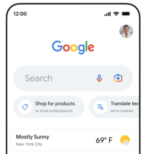 Accueil de l’app Google Search avec barre de recherche et actions rapides