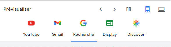 Interface Google Ads affichant les options de diffusion : YouTube, Gmail, Recherche, Display, Discover.