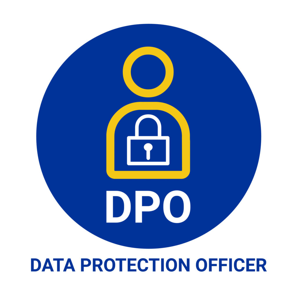 Icône représentant un DPO (Data Protection Officer) avec un pictogramme de personne et un cadenas, sur fond bleu, pour représenter la personne responsable du RGPD