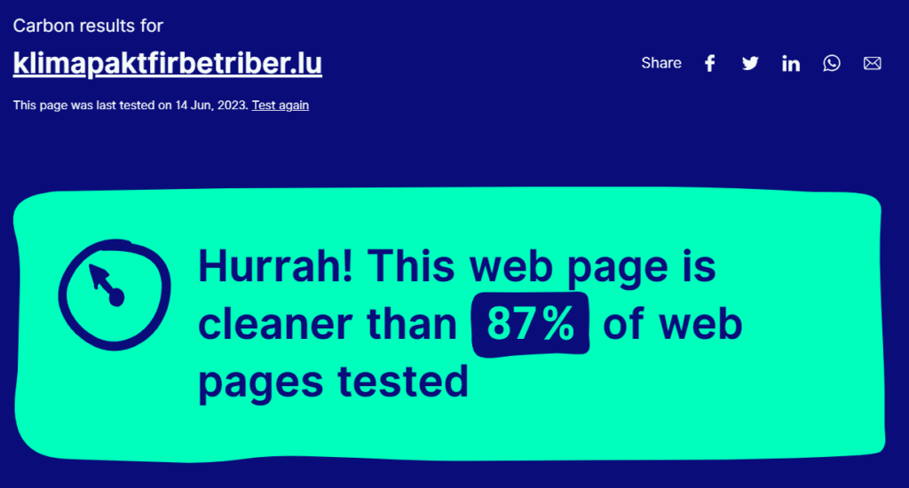 "Résultat de test de performance environnementale du site klimapaktfirbetriber.lu indiquant : cette page est plus propre que 87 % des pages web testées