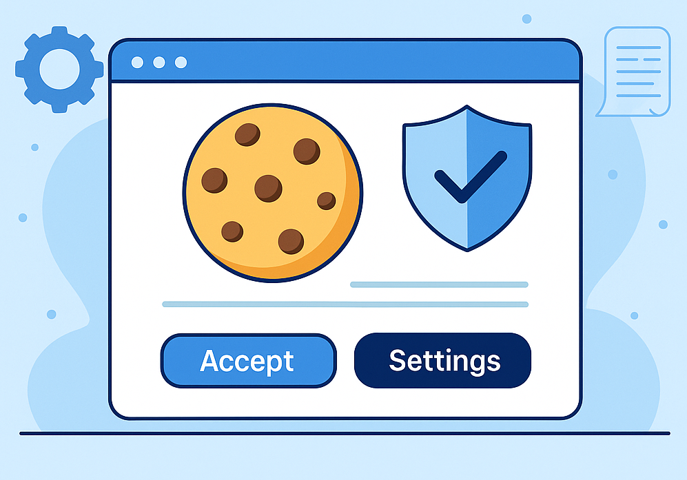 Illustration d’une fenêtre pop-up avec une icône de cookie, un bouclier de sécurité, et deux boutons marqués Accept et Settings