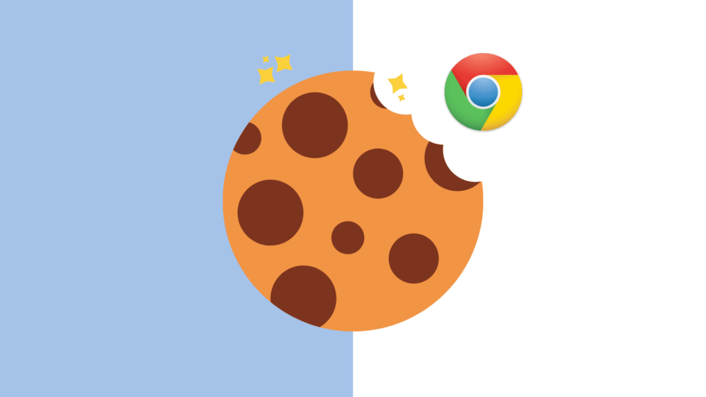 Illustration d’un cookie croqué sur fond bleu et blanc, avec le logo de Google Chrome en haut à droite, symbolisant le lien entre les cookies web et le navigateur Chrome
