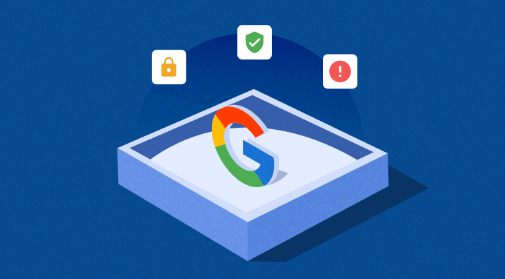 Illustration de la Privacy Sandbox de Google avec le logo G dans un bac, entouré d’icônes de sécurité, de validation et d’avertissement, sur fond bleu