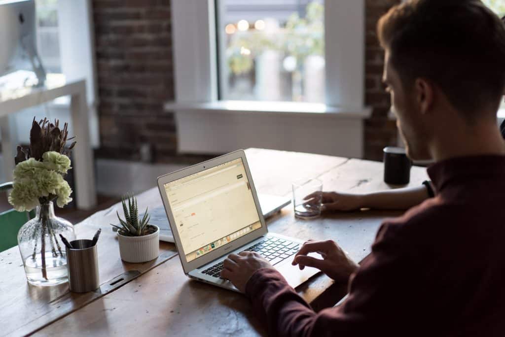 Homme travaillant sur un ordinateur portable dans un bureau lumineux, avec des plantes sur la table