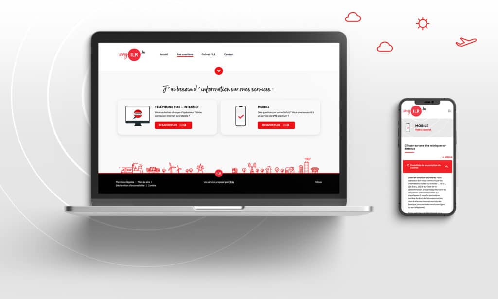 Une capture d'écran du site web "myILR.lu" affichée sur un ordinateur portable et un smartphone. Sur l'écran de l'ordinateur portable, la page d'accueil propose des informations sur les services de télécommunications avec deux options principales : "Téléphone fixe - Internet" et "Mobile". Chaque option est accompagnée d'un bouton "En savoir plus".