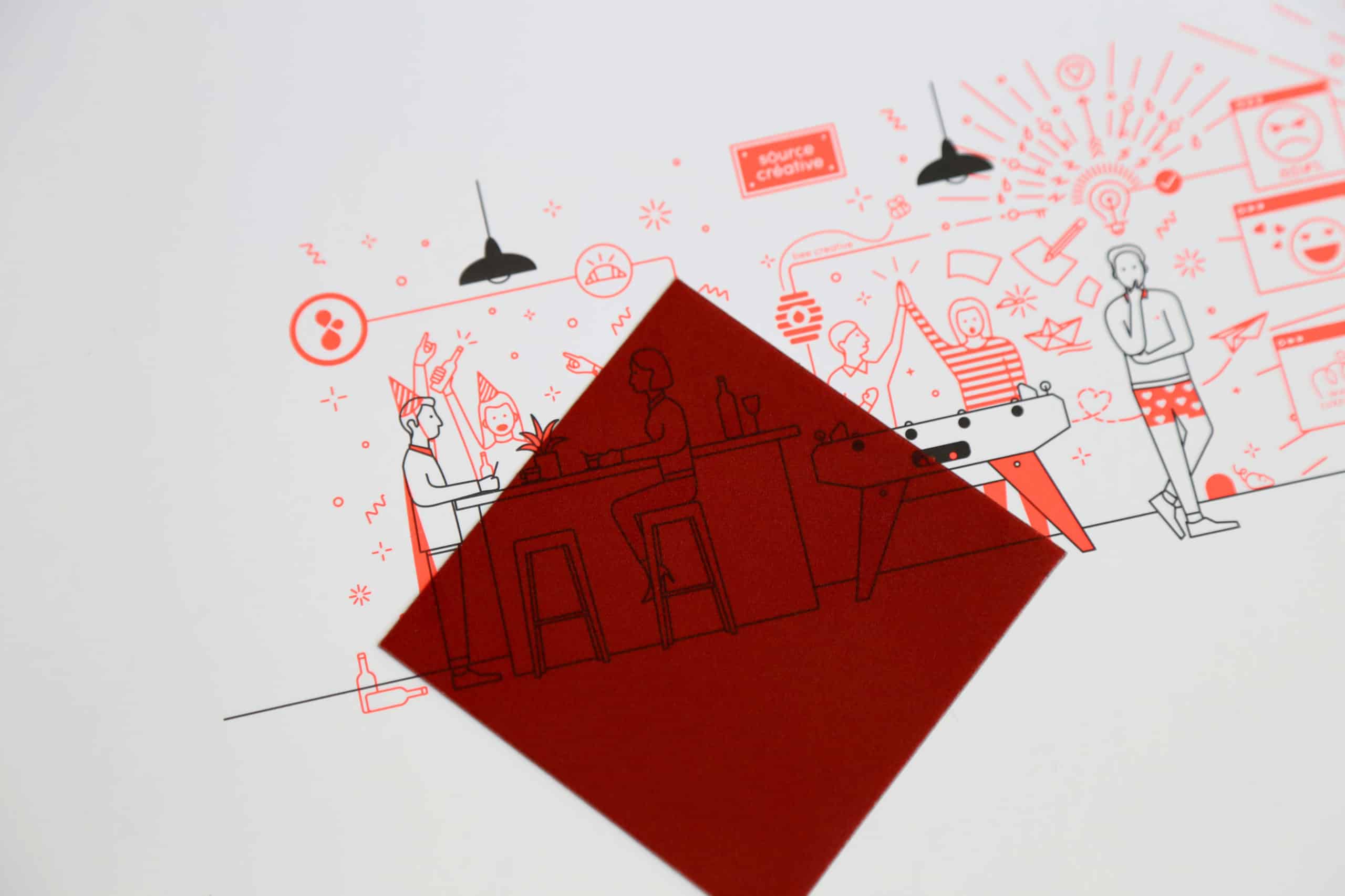 Illustration minimaliste en rouge et noir montrant une scène festive de bureau avec des personnages célébrant, jouant au baby-foot et discutant autour d'un bar, partiellement masquée par un carré rouge transparent pour révéler des détails cachés.
