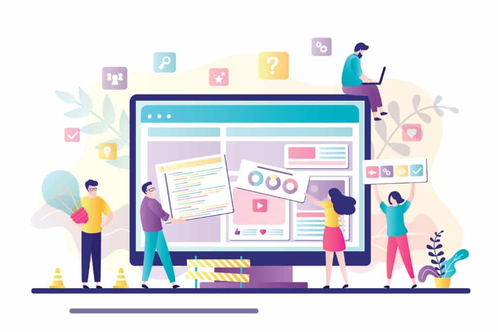 Illustration d'une équipe travaillant sur la création ou la mise à jour d'un site web, avec un grand écran affichant des éléments graphiques, des graphiques et du code