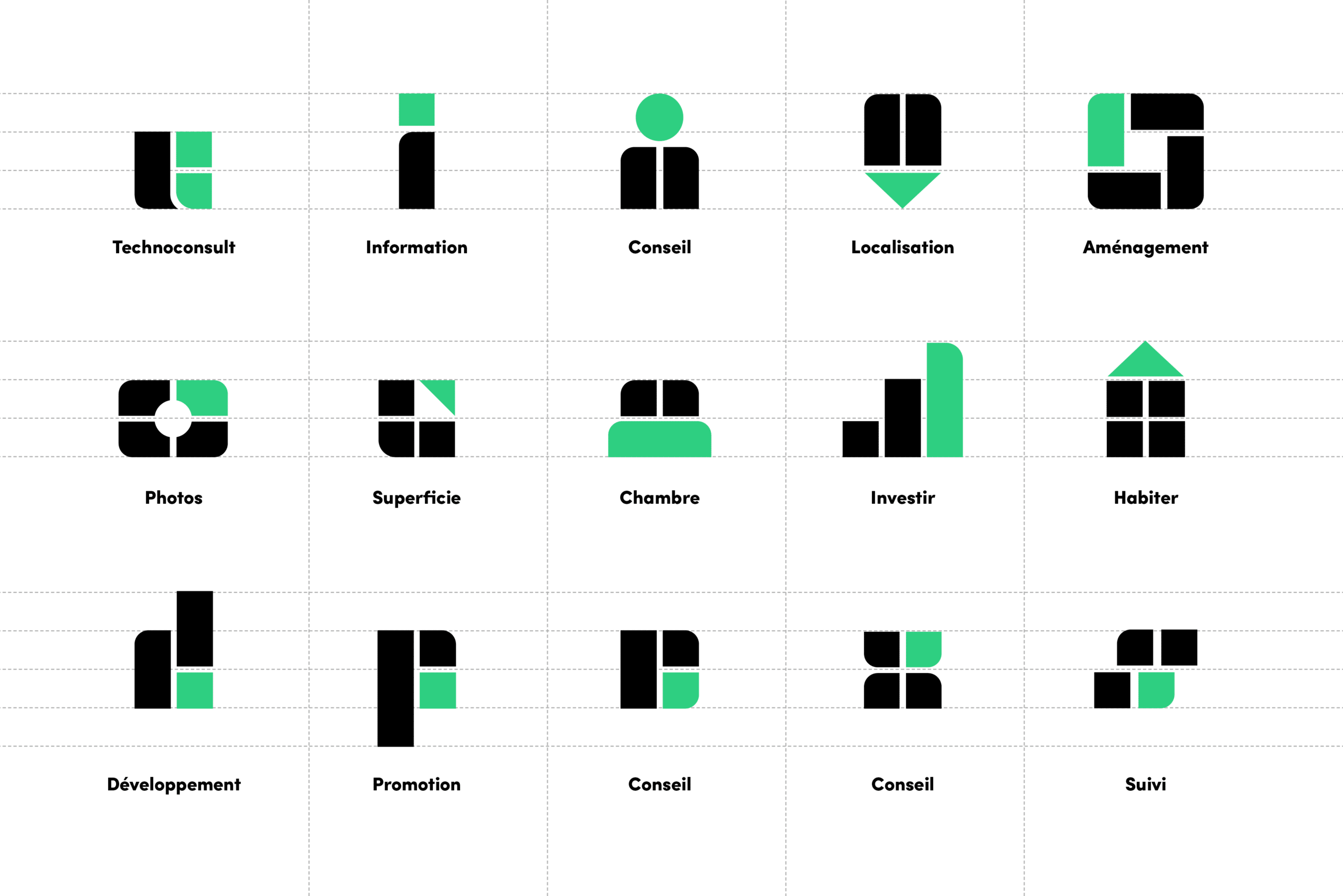 Grille de logos pour Technoconsult montrant divers pictogrammes en noir et vert représentant différents services et concepts. Les icônes incluent : Technoconsult, Information, Conseil, Localisation, Aménagement, Photos, Superficie, Chambre, Investir, Habiter, Développement, Promotion, Conseil (trois variations), et Suivi. Chaque icône utilise des formes géométriques simples en noir et vert pour illustrer les concepts.