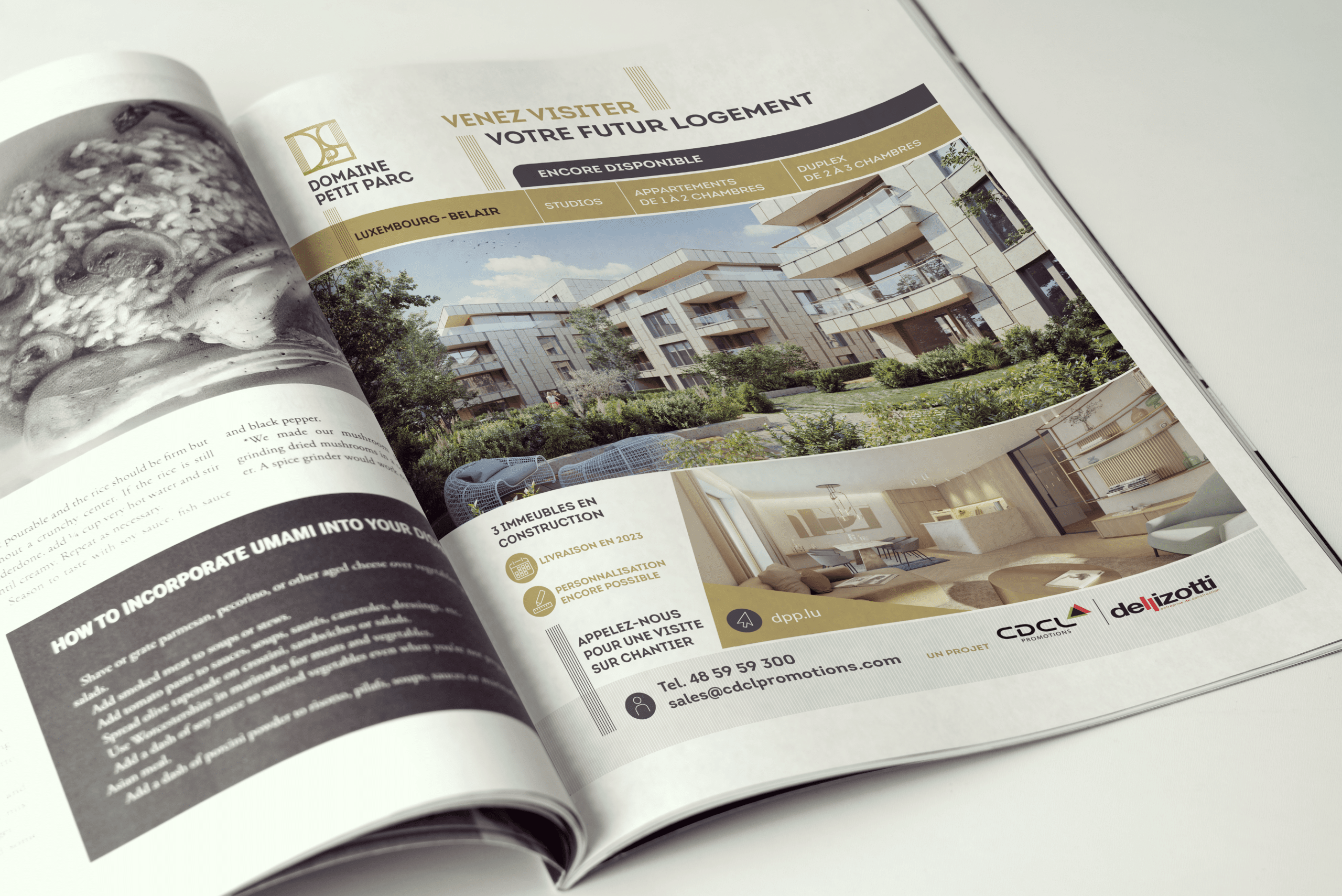 Publicité imprimée dans un magazine pour le projet immobilier Domaine Petit Parc, présentant des visuels d'appartements modernes avec jardins, des informations sur les disponibilités, les options de personnalisation et les coordonnées pour les visites.