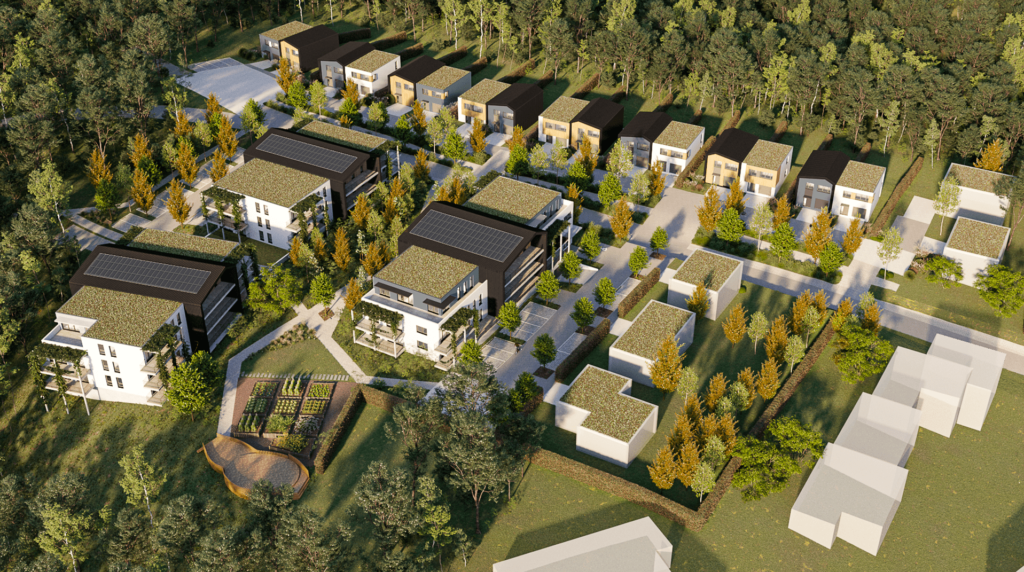 Vue aérienne d'un projet immobilier résidentiel moderne entouré de forêt, comprenant des bâtiments aux toits végétalisés et équipés de panneaux solaires, avec des chemins piétonniers, des espaces verts et un potager communautaire.