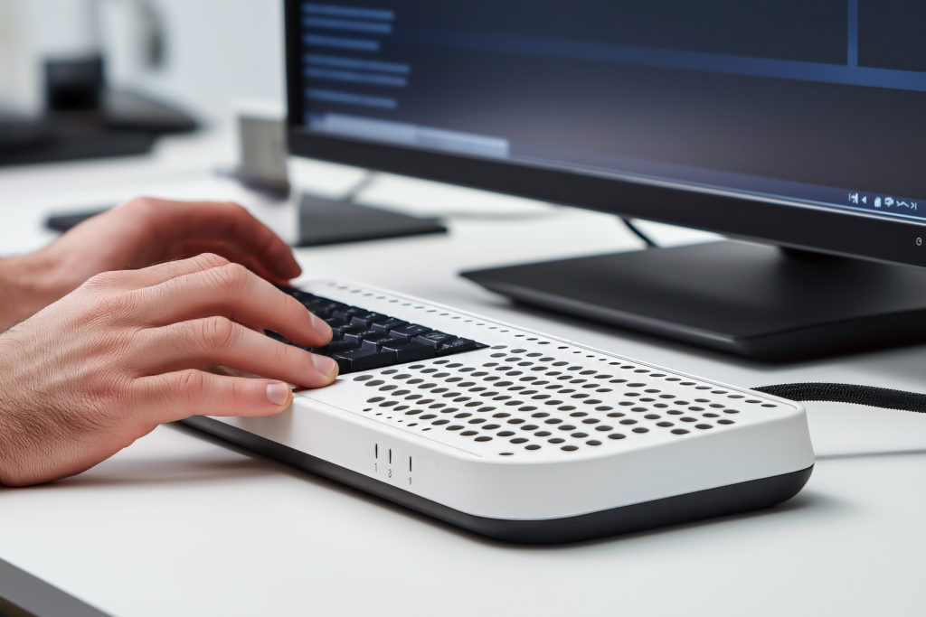 Mains tapant sur un clavier braille connecté à un ordinateur avec un écran affichant du texte, illustrant l'utilisation de la technologie d'accessibilité pour les personnes malvoyantes.