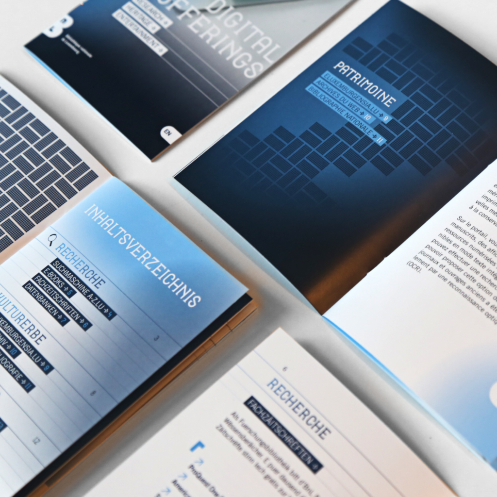 Cette image présente un focus sur les détails des brochures, mettant en valeur la qualité typographique et la structure claire des contenus. Les titres en gras, les nuances de bleu et les grilles graphiques soulignent une esthétique moderne et fonctionnelle. Chaque section est distinctement organisée, facilitant l'accès aux informations. Ce design réfléchi reflète une image institutionnelle élégante et professionnelle, adaptée à des lecteurs recherchant précision et clarté.