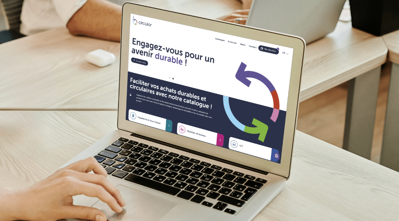 Page d'accueil de la plateforme b.circular affichée sur un ordinateur portable, un site conçu par H2A pour faciliter les achats durables et circulaires pour prendre exemple de la création de site web