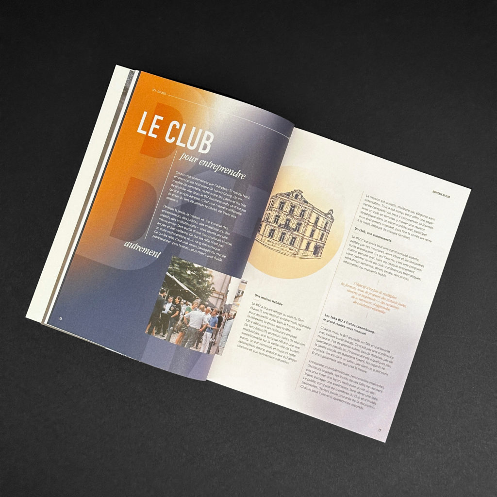 Une double page d’introduction avec le titre 'Le Club' et une illustration de bâtiment le Tero House.