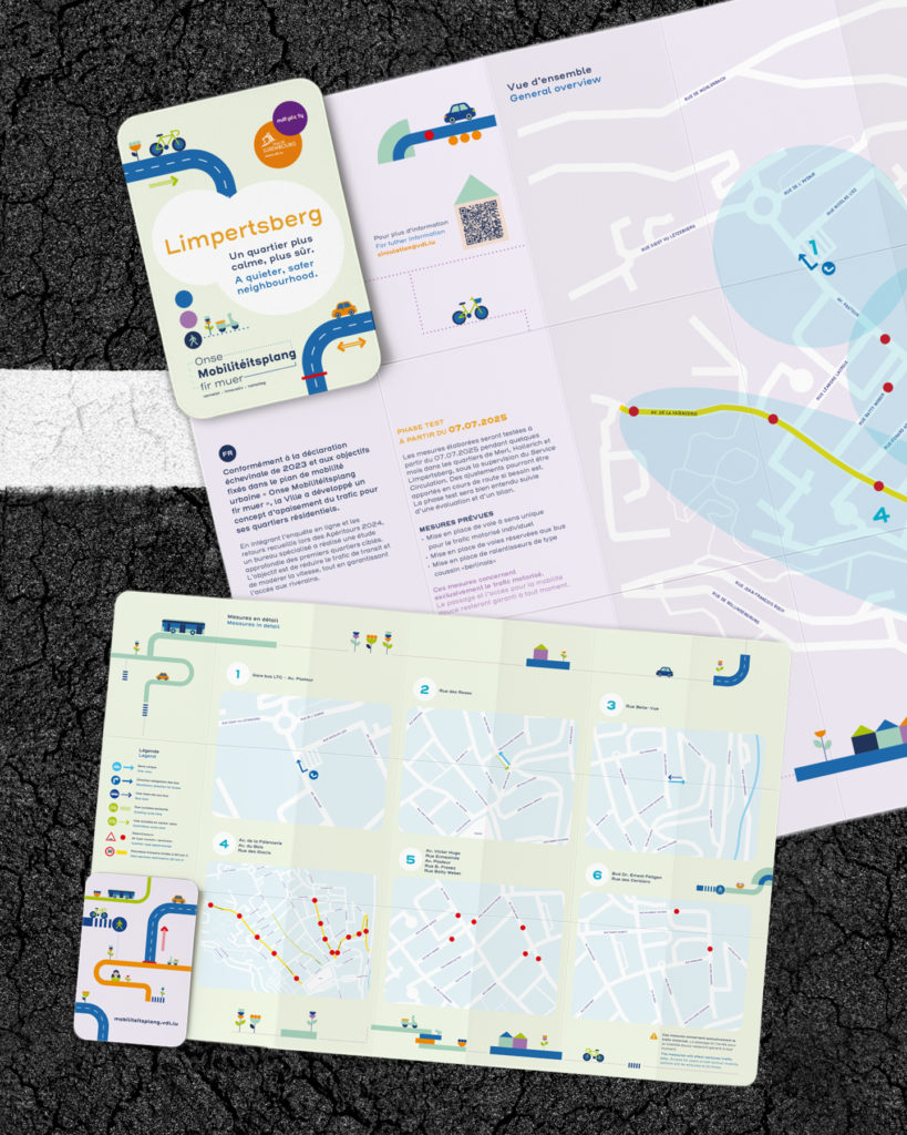 Brochures d'informations pliées et dépliées du plan de mobilité de la Ville de Luxembourg pour les quartiers de Merl, Hollerich et Limpertsberg. Chaque brochure présente une vue d’ensemble des zones concernées, des cartes illustrées avec les changements de circulation, et un contenu graphique accessible et coloré