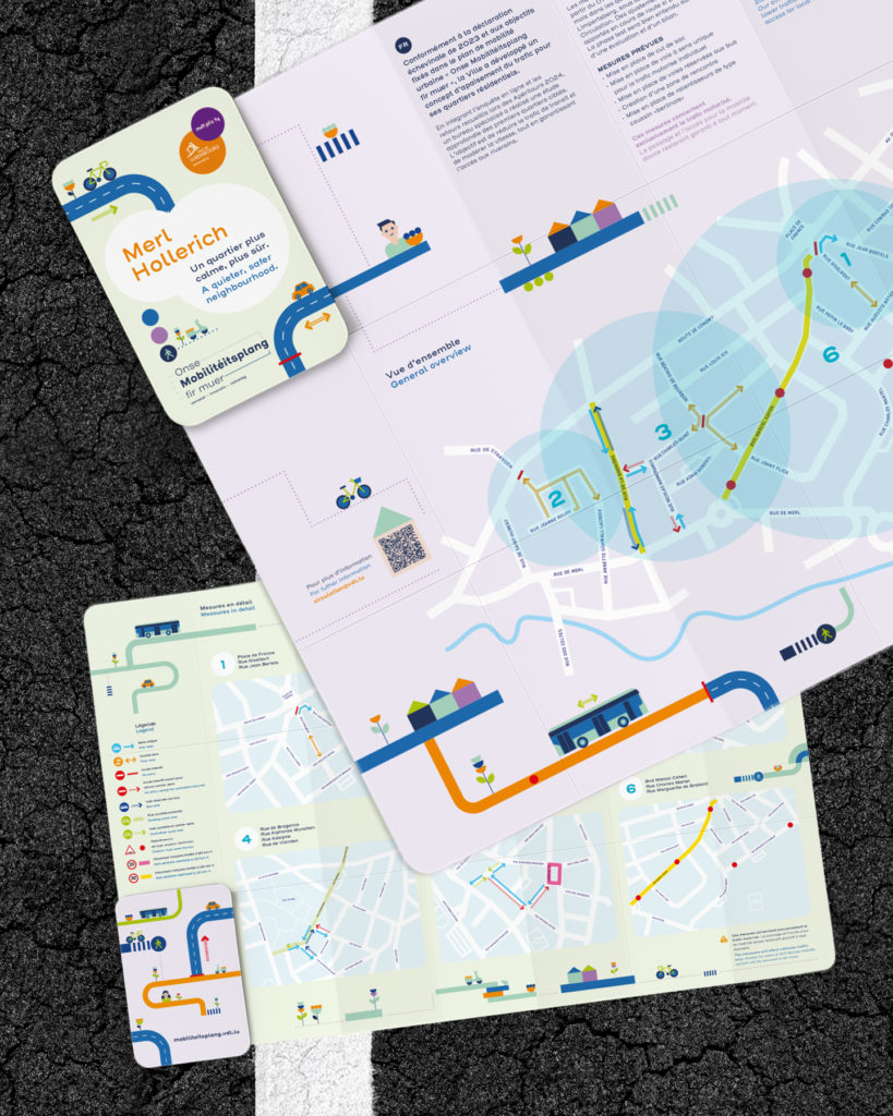 Brochures d'informations pliées et dépliées du plan de mobilité de la Ville de Luxembourg pour les quartiers de Merl, Hollerich et Limpertsberg. Chaque brochure présente une vue d’ensemble des zones concernées, des cartes illustrées avec les changements de circulation, et un contenu graphique accessible et coloré