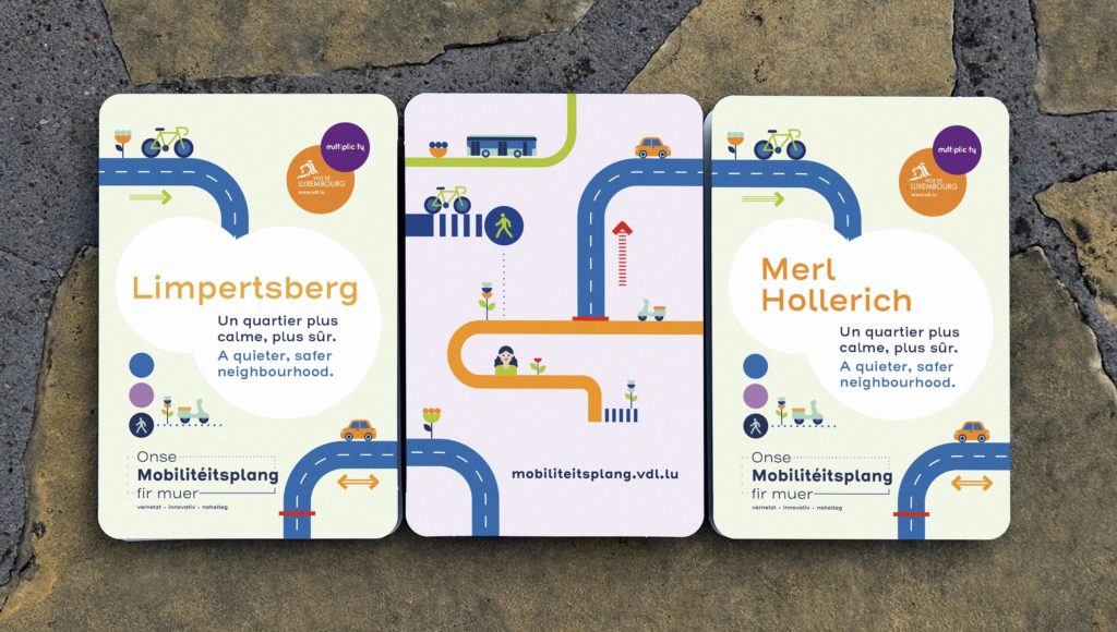 Trois cartes illustrées du plan de mobilité de la Ville de Luxembourg, montrant les quartiers de Limpertsberg, Merl et Hollerich. Chaque carte contient des routes stylisées, des pictogrammes de vélos, piétons, bus et voitures, ainsi que le slogan 'Un quartier plus calme, plus sûr' en français et en anglais.