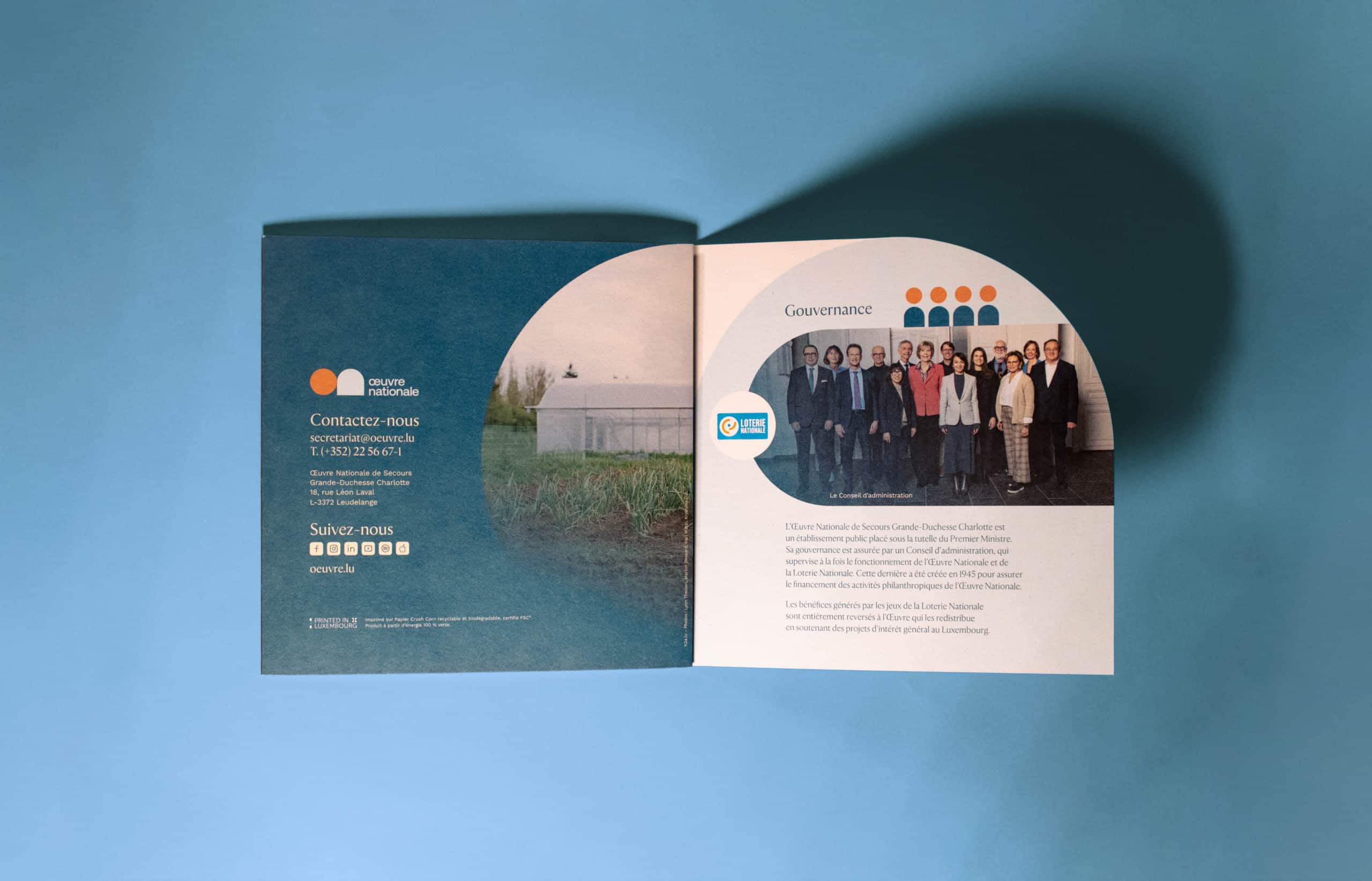 Rubrique Gouvernance de la brochure de l'Œuvre Nationale présentant la photographie du conseil d'administration.