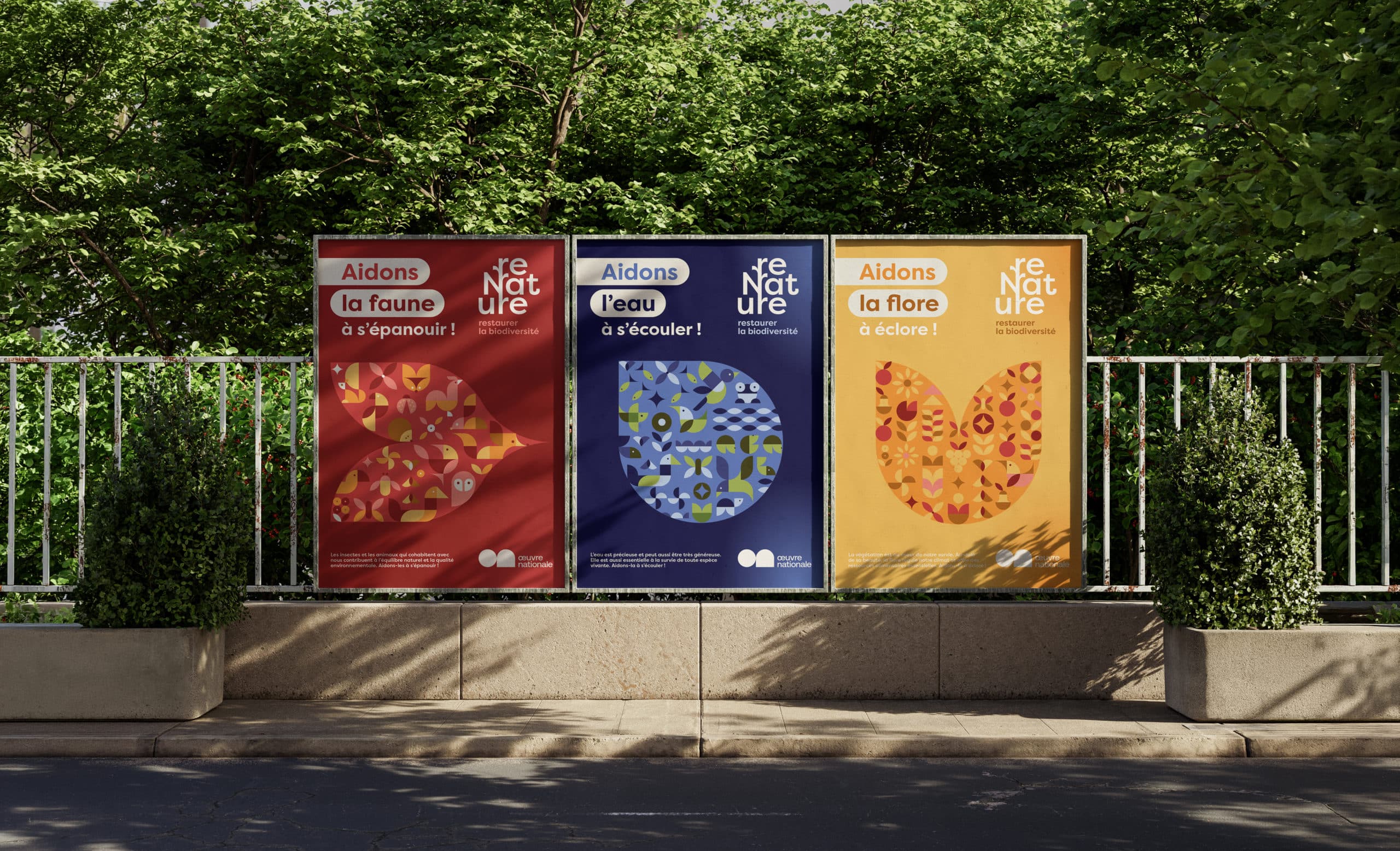 Triptyque d'affiches extérieures de la campagne reNature de l'Œuvre Nationale pour la préservation de la biodiversité.