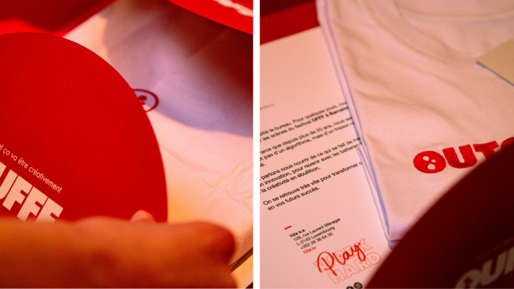 Montage photo : à gauche, ouverture d'un packaging rouge vif ; à droite, un t-shirt blanc floqué 'OUTOFOFFICE' en rouge à côté d'une carte de l'agence h2a avec l'inscription 'Play HARD'