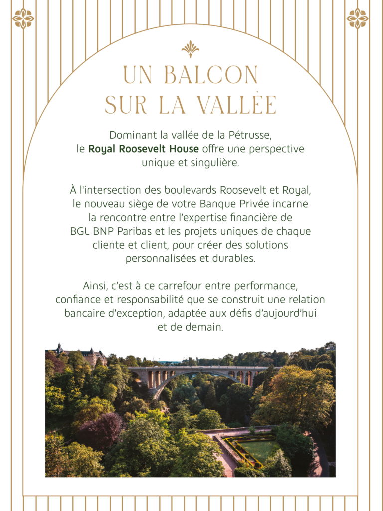 Page de brochure titrée Un balcon sur la vallée, montrant une vue dégagée sur le Pont Adolphe et la nature environnante.