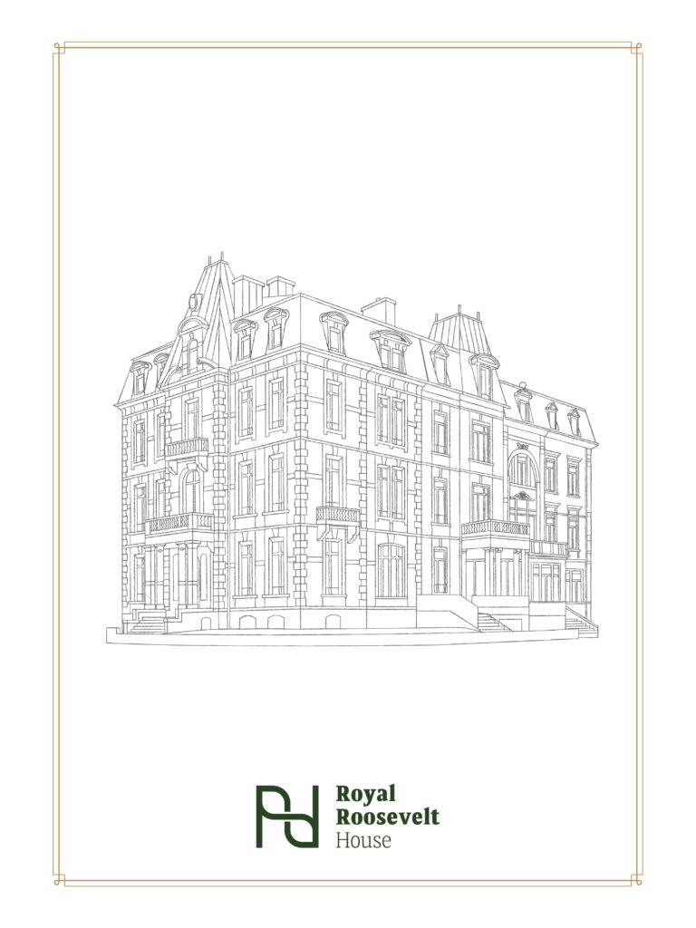 Illustration architecturale de la façade historique du Royal Roosevelt House, bâtiment luxembourgeois emblématique.