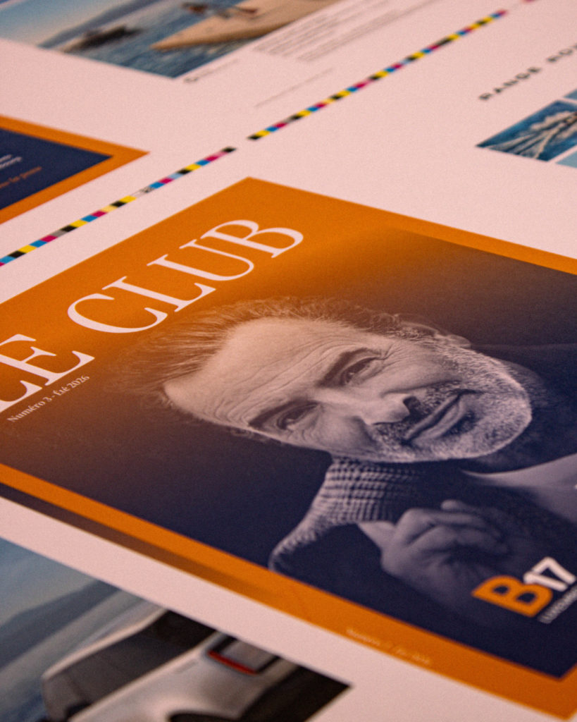 Planche d'impression du magazine Le Club numéro 3 avec Jean Dujardin en couverture et repères chromatiques