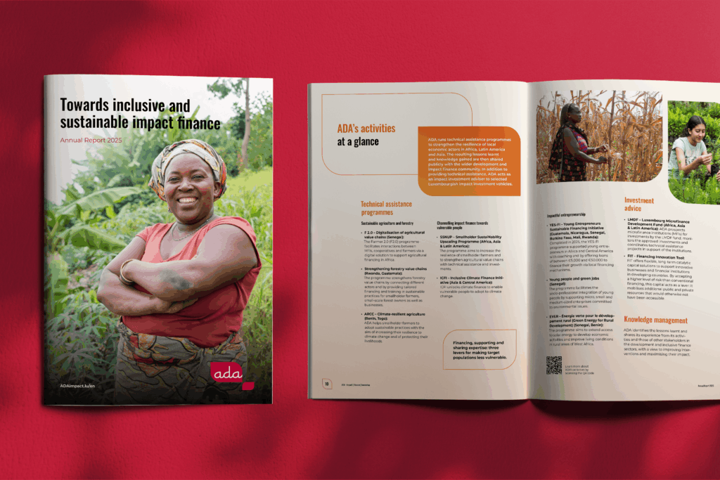 Couverture du rapport annuel 2025 de ADA intitulée Towards inclusive and sustainable impact finance, placée à côté d'une double page détaillant les programmes d'assistance technique et de conseils en investissement.