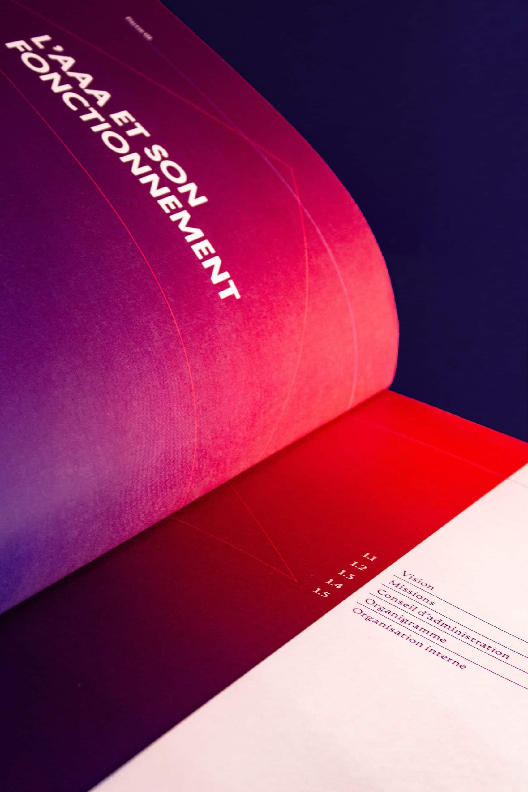 Sommaire du rapport annuel détaillant le fonctionnement de l'AAA, avec les chapitres sur la vision, les missions et l'organigramme, sur fond dégradé rose et violet.